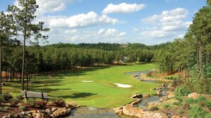 A golf course with a water feature, surrounded by trees and a clear sky. - All the Comforts of Home and a View of Lake DeSoto (Hot Springs Village)