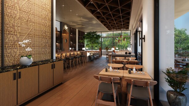 A modern restaurant interior with wooden flooring, a geometric ceiling design, and a view of greenery outside. - Sima Sumba Hotel (Tambolaka)