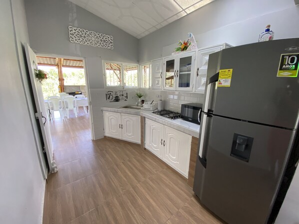 Mikrowelle, Herdplatte, Wasserkocher mit Kaffee-/Teezubehör, Mixer