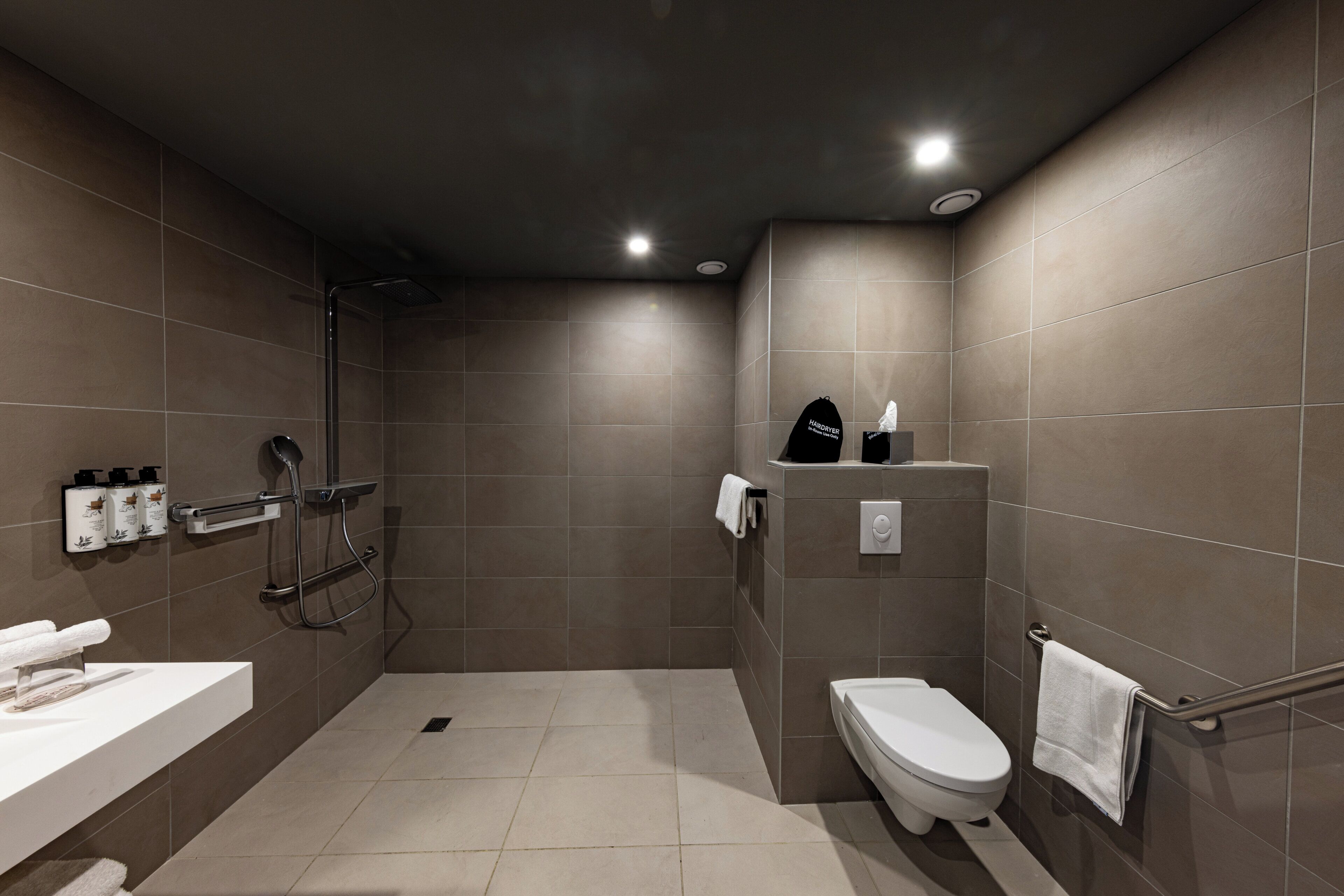 Une salle de bain moderne équipée d’une douche, de toilettes et d’un lavabo.