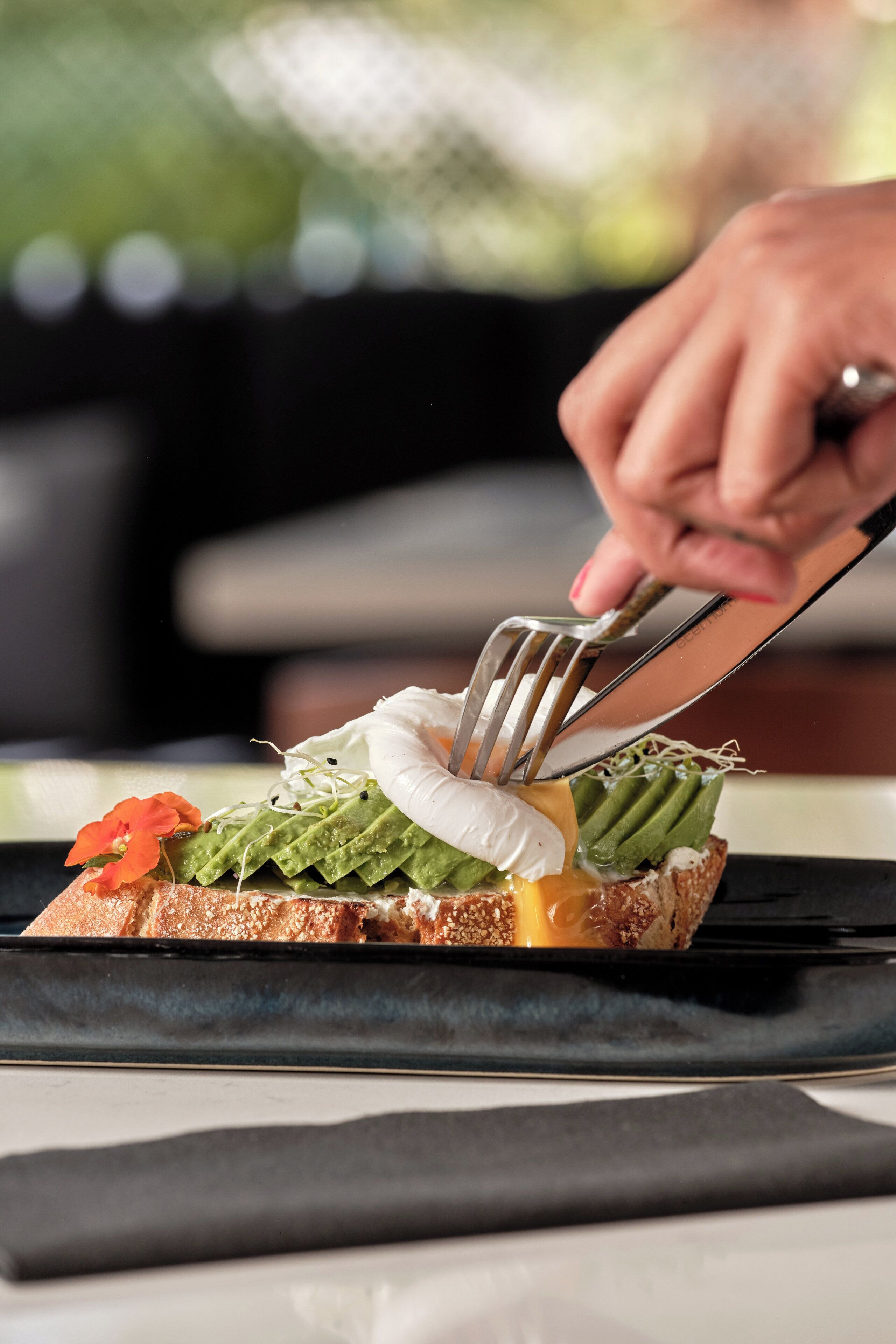 A close-up of a person using a fork and knife to cut a sandwich with avocado, cheese, and greens.
