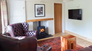 A living room with a fireplace, leather armchair, and a television. - Spring Garden Cottage (Carmarthen)