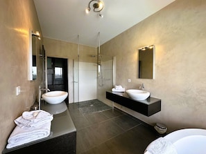 A modern bathroom with two sinks, a walk-in shower, and a large mirror.