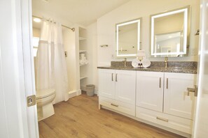 Dusche, Haartrockner, Shampoo, Toilettenpapier