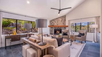 TV, fireplace, offices