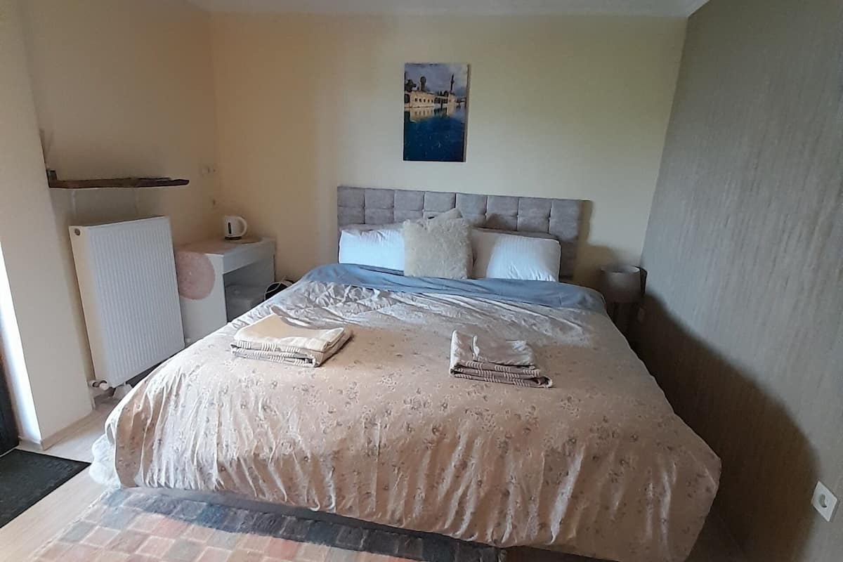 A bedroom with a large bed, a nightstand, a radiator, and a painting on the wall.