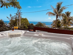 Un jacuzzi con vista al océano, rodeado de palmeras y un cielo despejado.