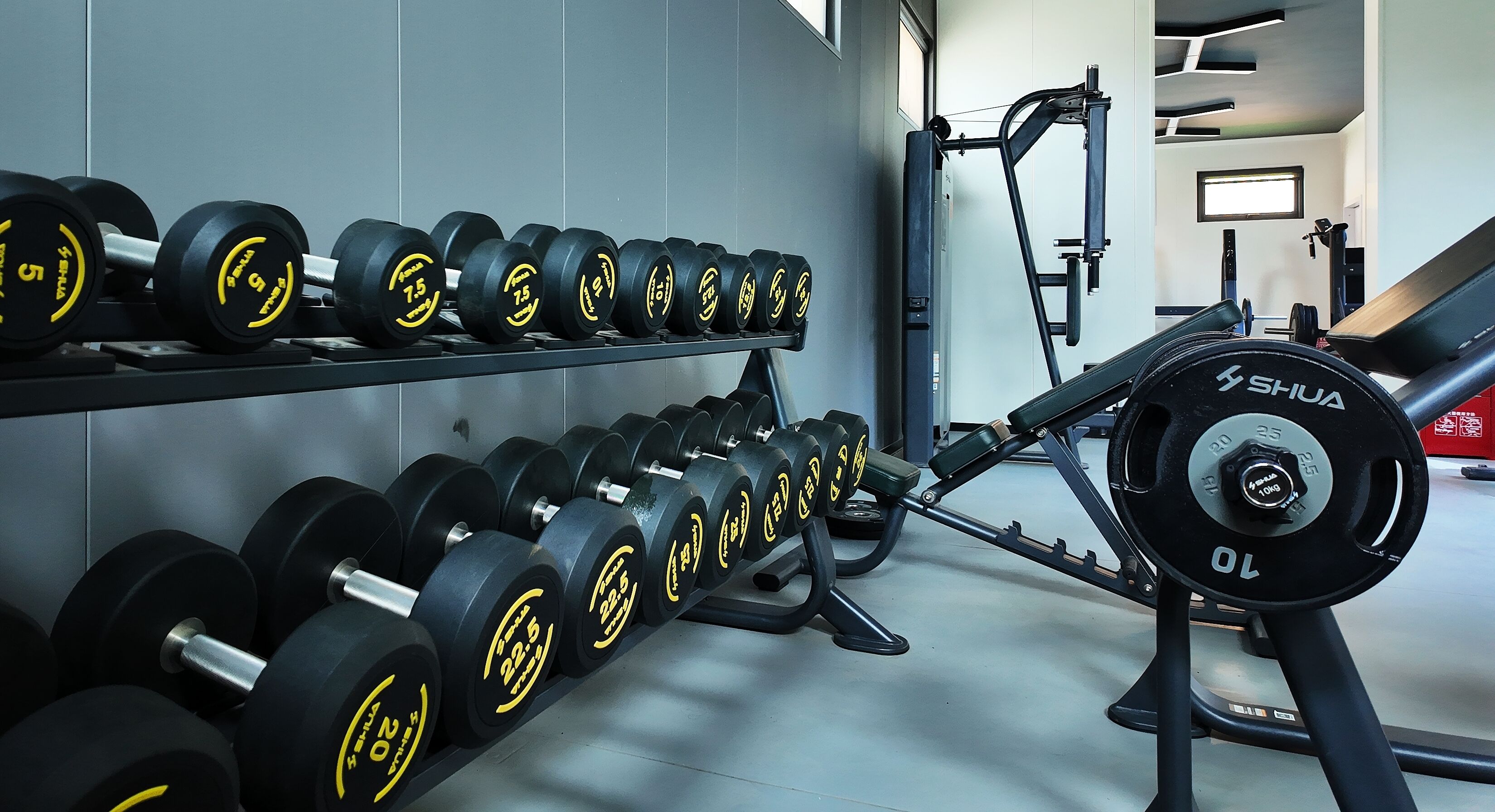 A gym with rows of dumbbells and a weight bench.