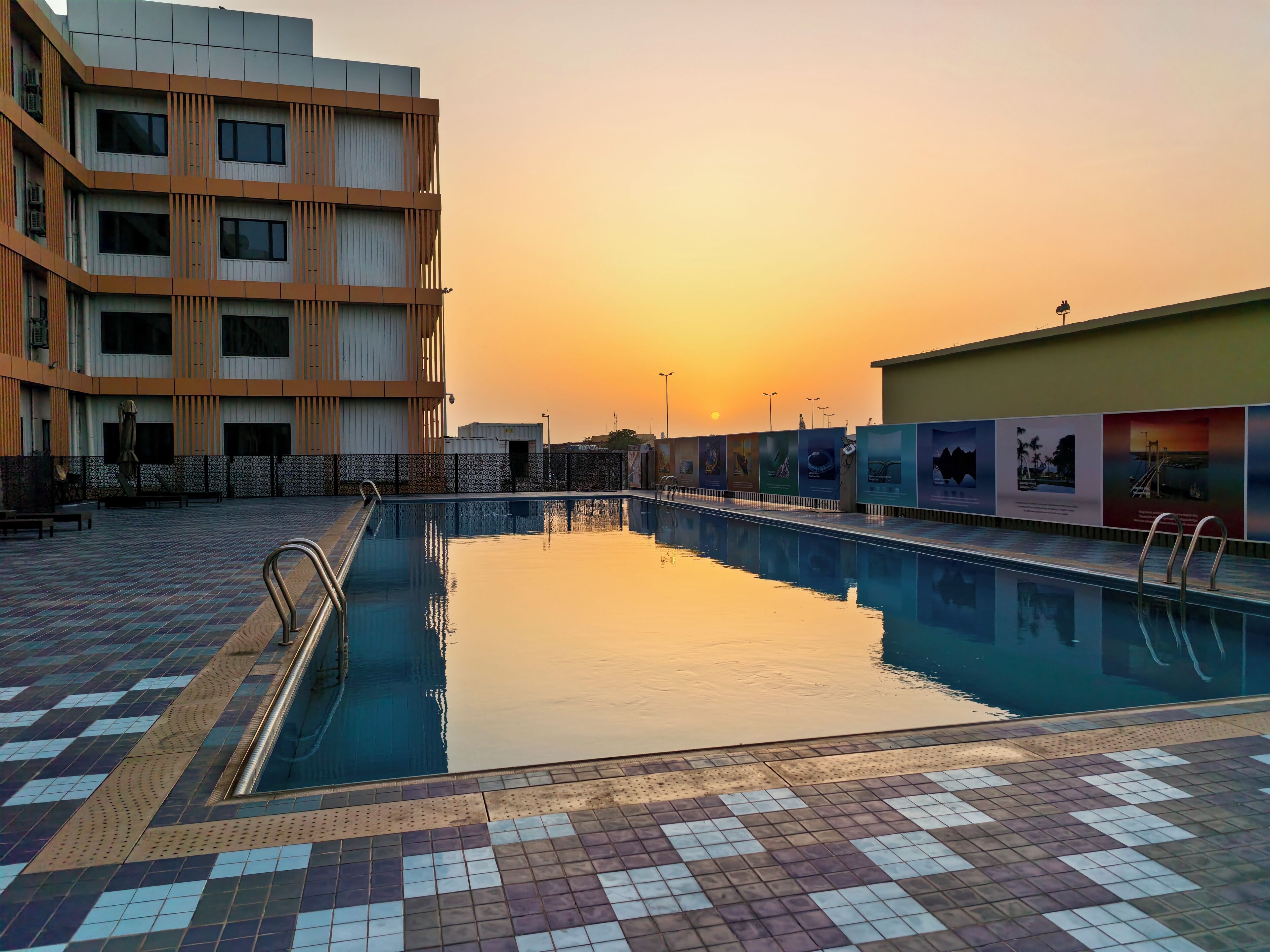 Outdoor pool, pool umbrellas, pool loungers