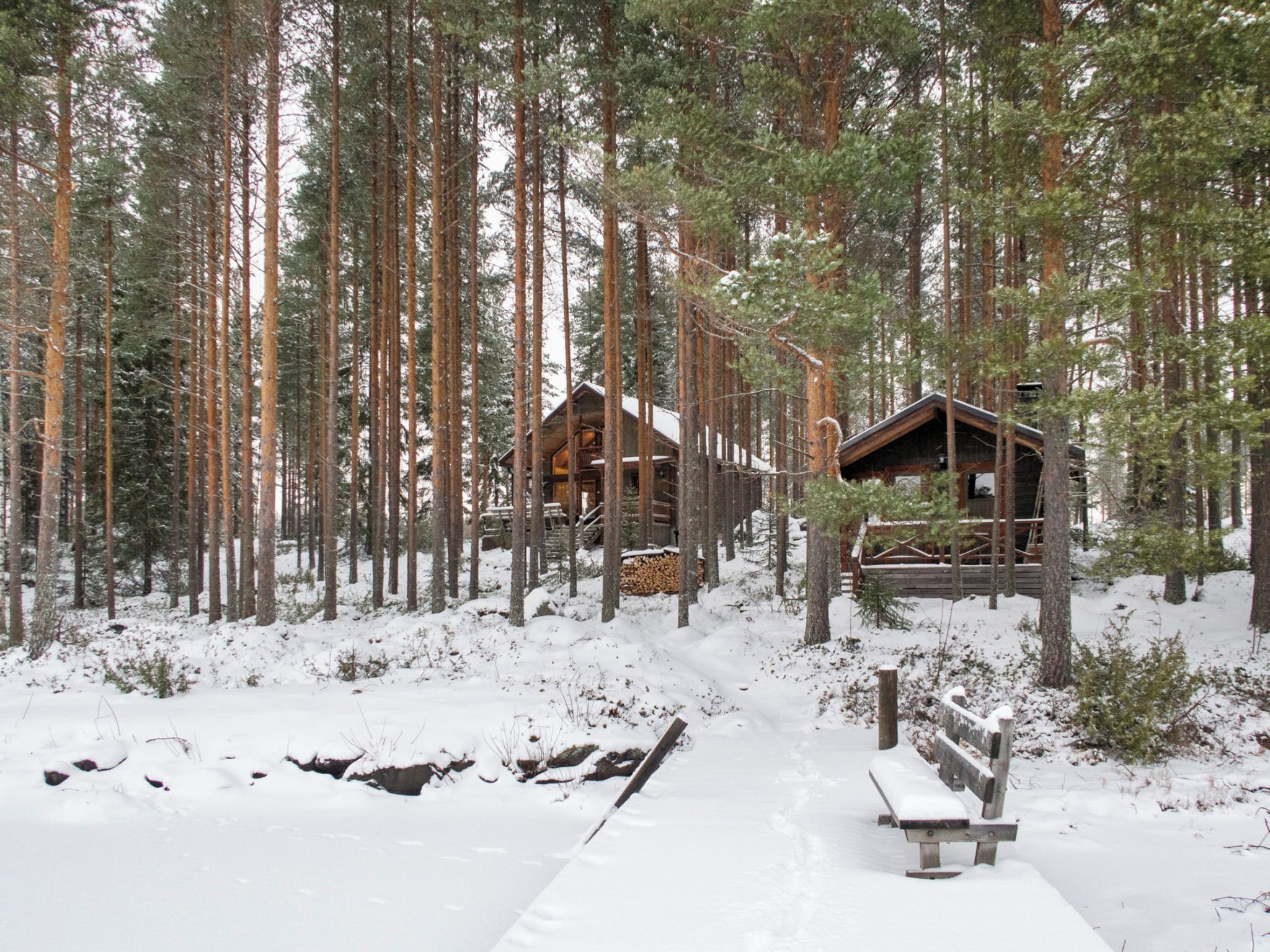 A cabin in a snowy forest with a wooden deck and a bench.