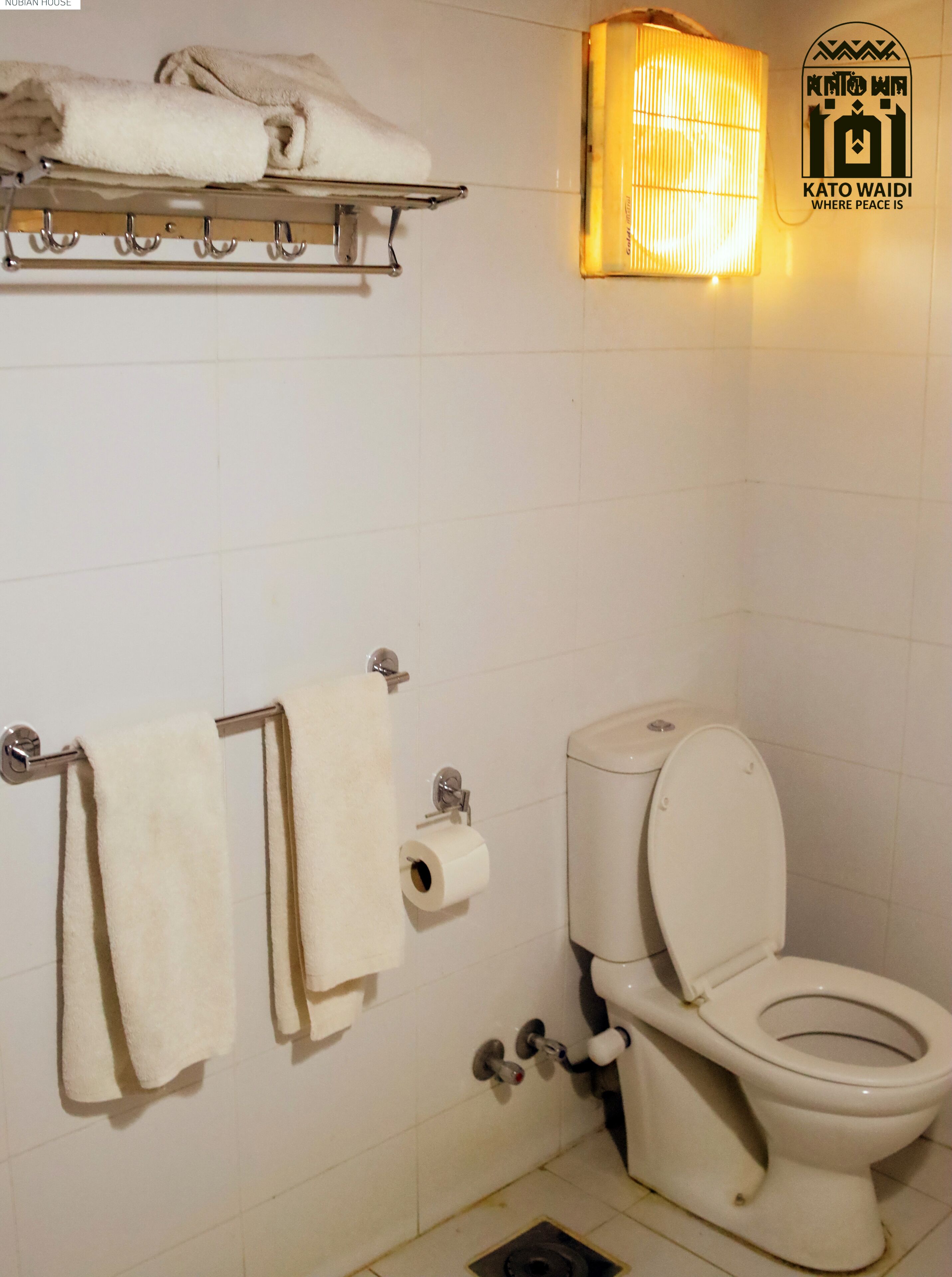 A bathroom with a toilet, two towels on towel racks, a toilet paper holder, and a wall-mounted light fixture.