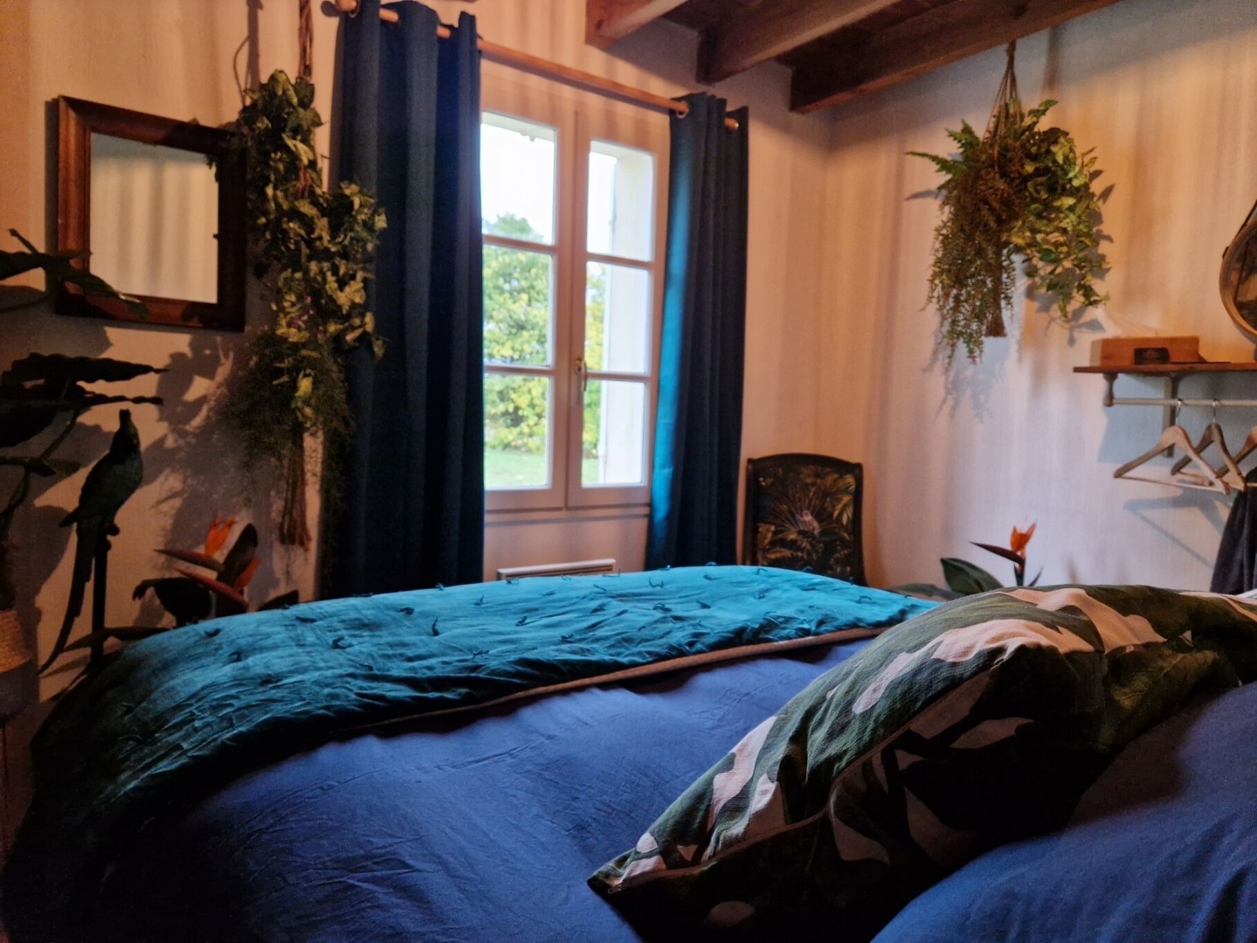 Una stanza con un letto, una finestra con tende e piante pensili.