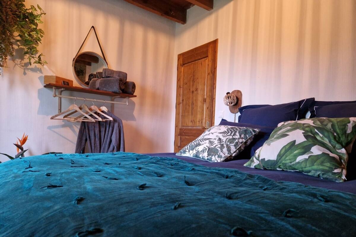A bedroom with a bed, a wooden door, a shelf with towels, and a hanging plant.