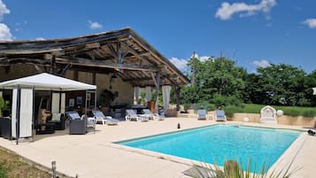 Seasonal outdoor pool, pool umbrellas, sun loungers