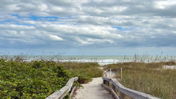Un sentiero sulla spiaggia che conduce verso l'oceano, circondato da vegetazione e un cielo nuvoloso.