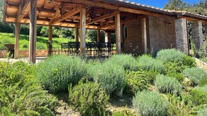 Une pergola en bois, adossée à un mur de briques, avec un ciel bleu dégagé.