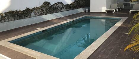 A rectangular swimming pool with a tiled deck, surrounded by a low white wall and a hedge.