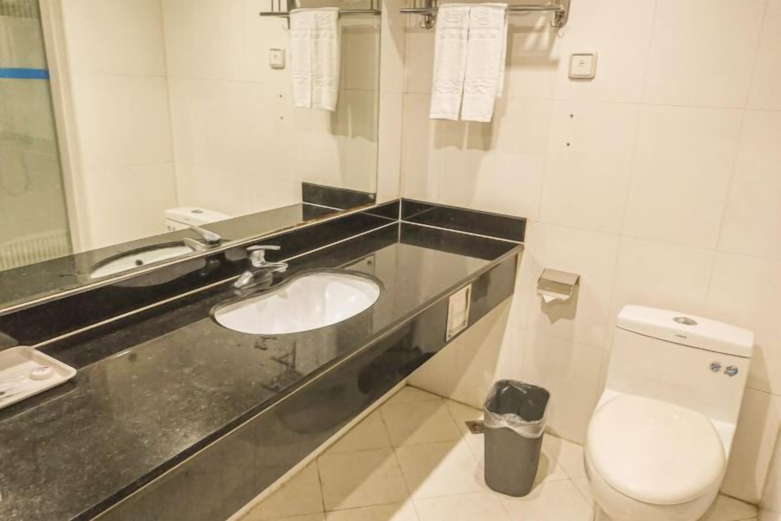 A bathroom with a black countertop sink, a mirror, a toilet, and a trash bin.