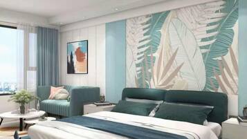Un dormitorio moderno con una cama, un sofá, una mesita auxiliar y un ventanal grande.