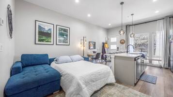 1 bedroom, desk, blackout drapes, iron/ironing board