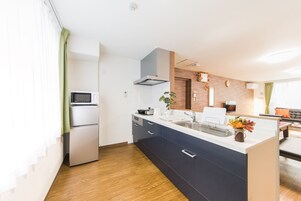 Deluxe Apartment | Private kitchen | Fridge, microwave, stovetop, electric kettle