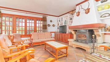 Televisión, chimenea, reproductor de DVD y tenis de mesa