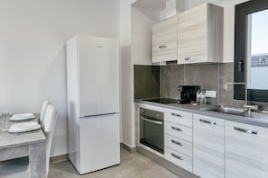 A modern kitchen with a built-in refrigerator, oven, and sink.