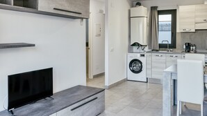 A modern kitchen with a built-in washing machine, a dining area with a table and chairs, and a flat-screen TV on a stand.