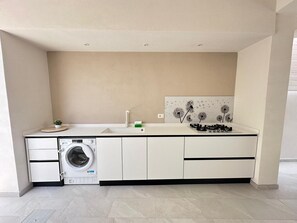 Een kleine keuken met een ingebouwde wasmachine, een spoelbak en een kunstwerk met paardenbloemen op de muur.
