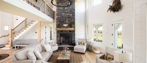 TV, fireplace, books, stereo