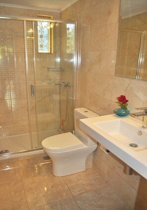 A modern bathroom with a glass-enclosed shower, a white toilet, and a sink with a vase of flowers. - House Angelos D With sea View and Private Garden - Agios Gordios Beach (Corfu)