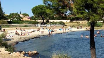 On the beach, sun-loungers
