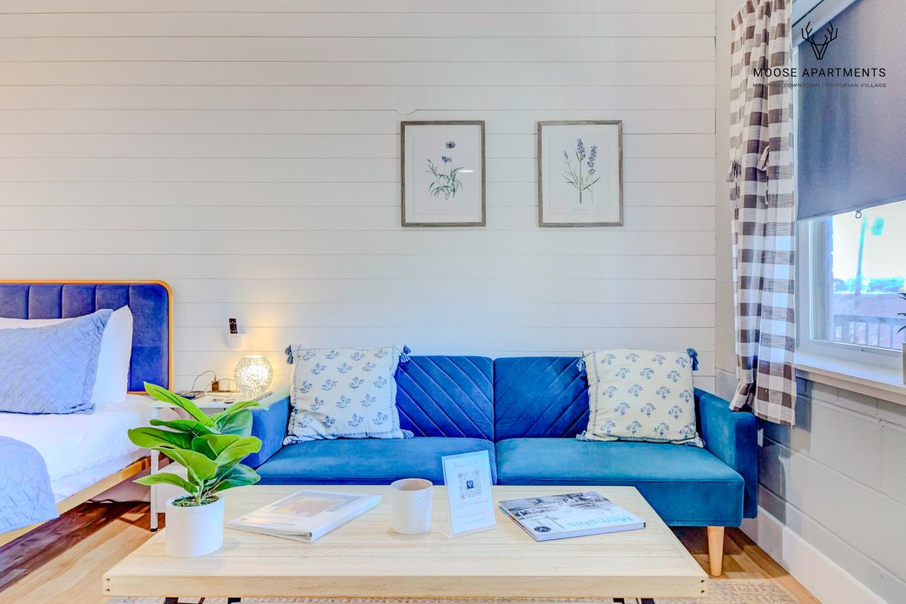 Un salon moderne avec un canapé bleu, une table basse en bois et une plante en pot. Des illustrations botaniques encadrées ornent le mur.