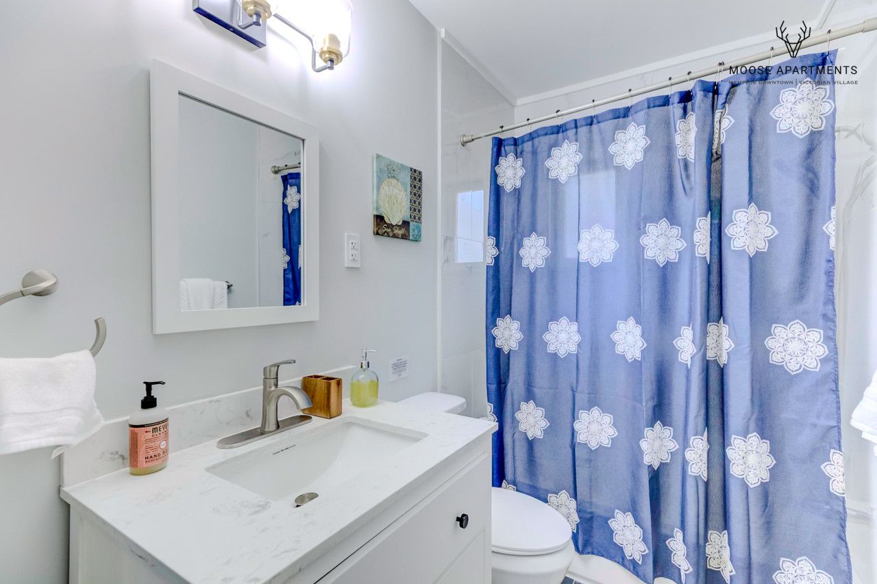 Un baño con lavamanos blanco, espejo, inodoro y cortina de ducha azul con motivos florales blancos.