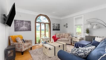 Smart TV, fireplace, books