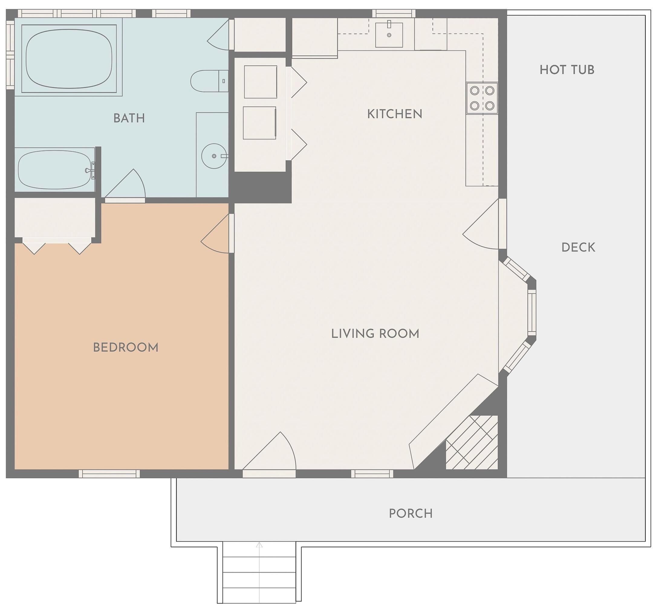 Plano de planta que muestra un dormitorio, sala de estar, cocina, baño, bañera de hidromasaje, terraza y porche.