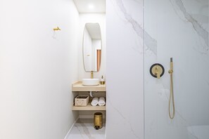Shower, hair dryer, towels, shampoo