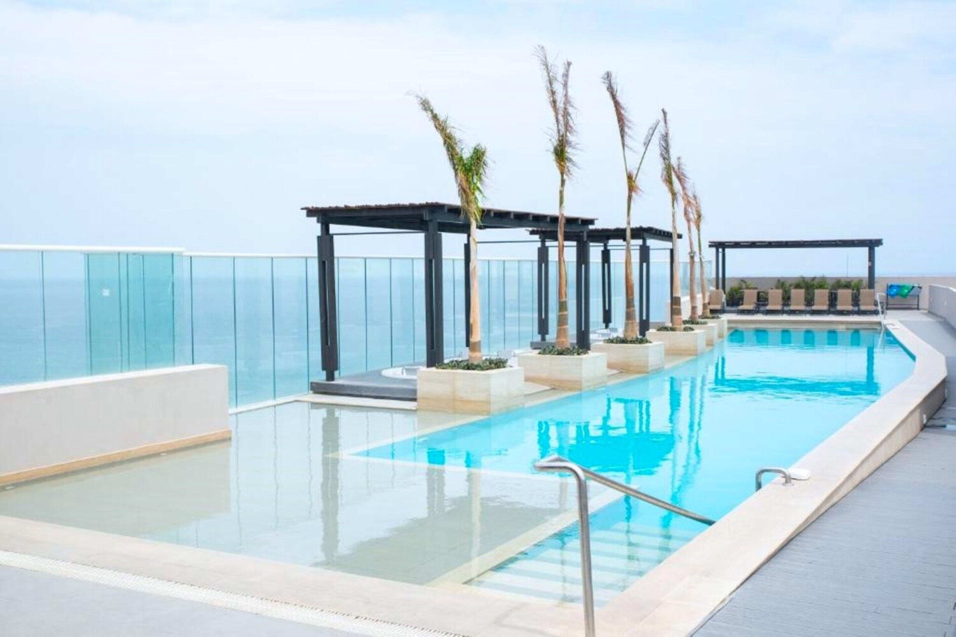 A rooftop infinity pool with a glass balustrade, palm trees, and a seating area with sun loungers.