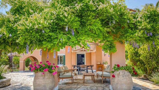 An outdoor seating area with stone flooring, surrounded by lush greenery and flowering plants.