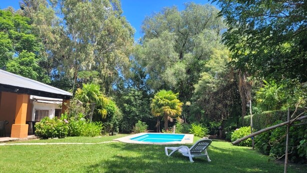 A backyard with a swimming pool, a lounge chair, and lush greenery.