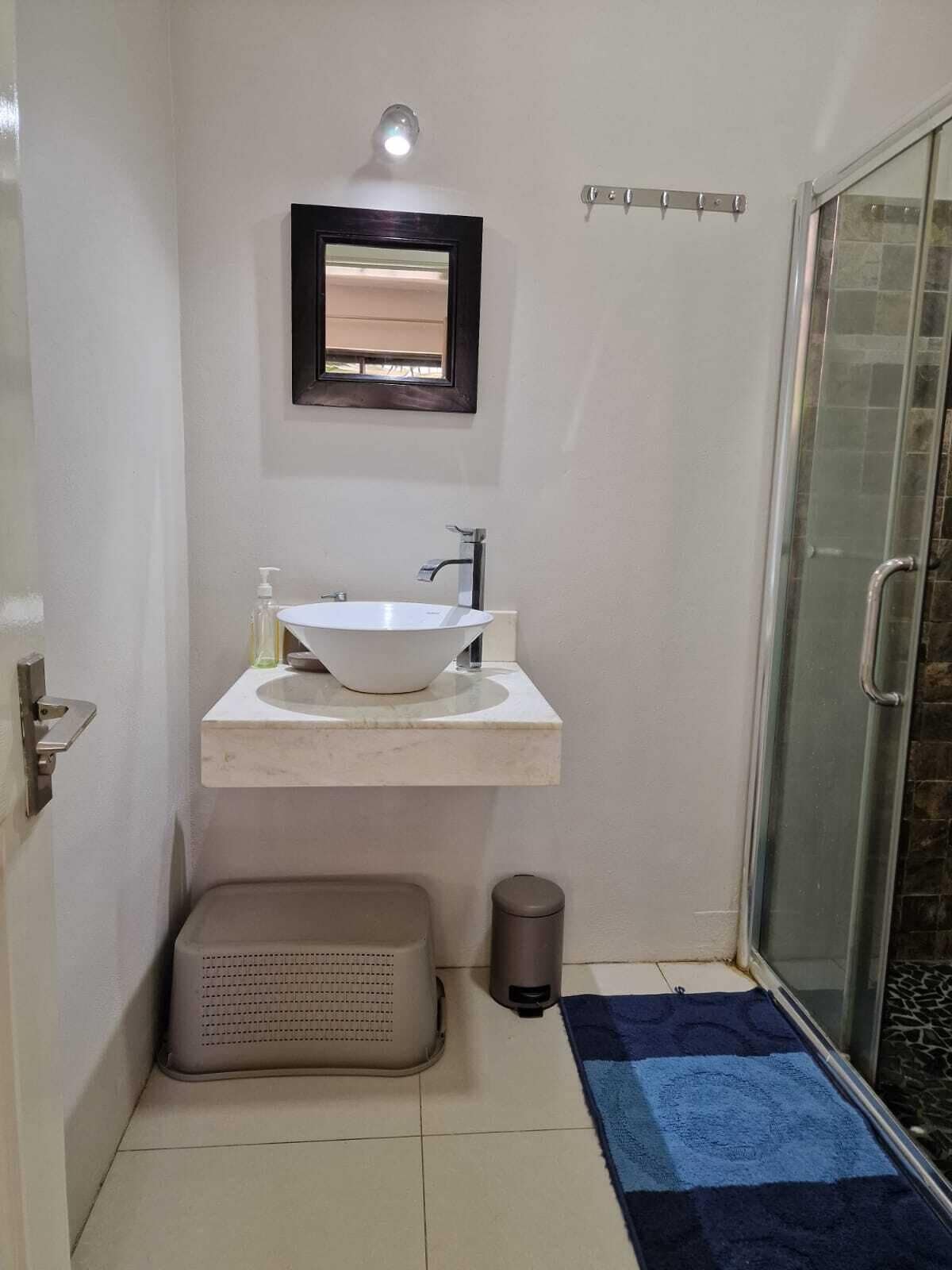A bathroom with a white sink, a mirror, a shower with a glass door, a beige trash bin, and a blue rug.