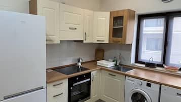 Apartamento | Cocina privada | Frigorífico, microondas, horno y placa de cocina