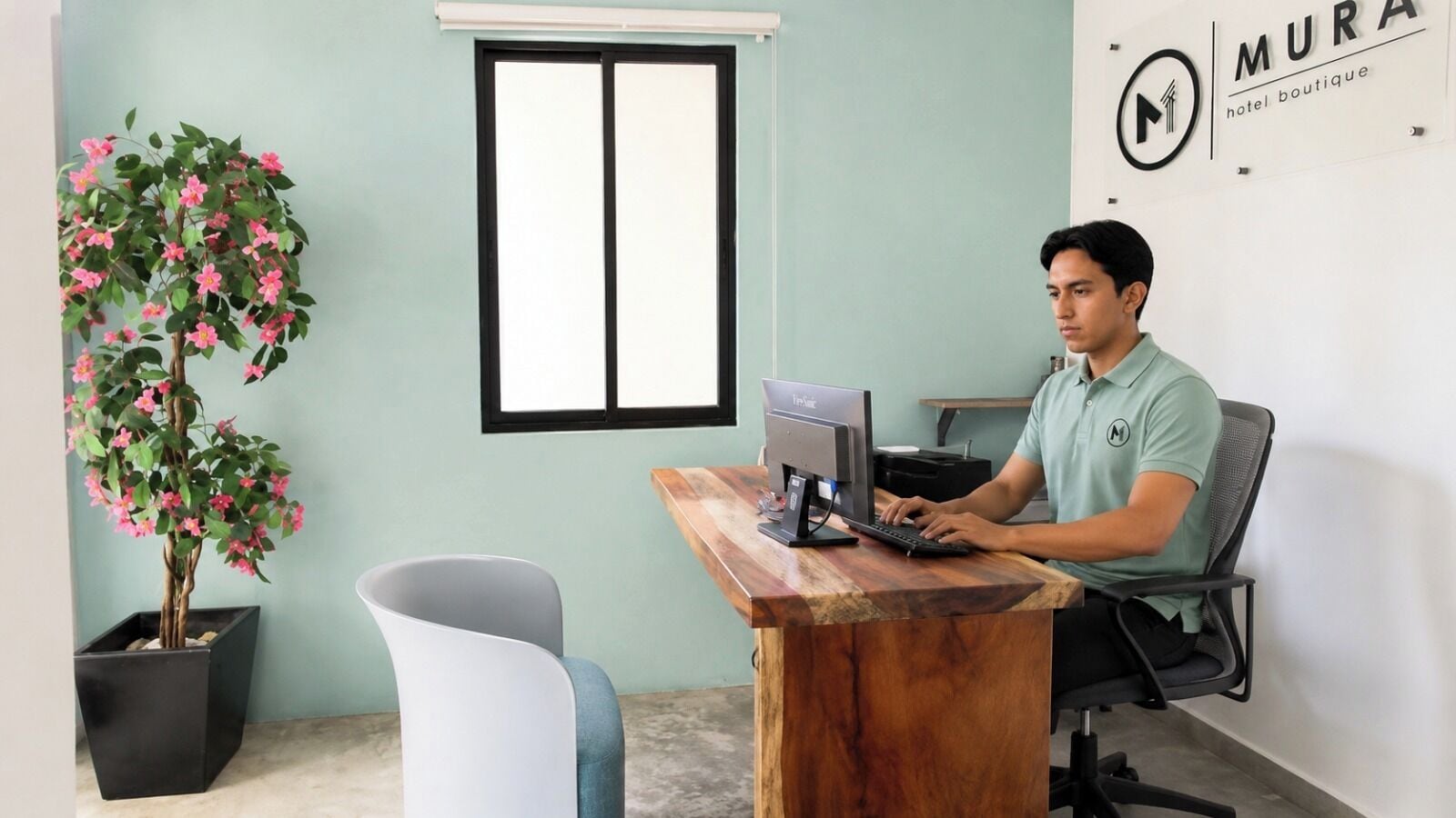 Un homme est assis à un bureau, devant un ordinateur, avec une plante en pot et une fenêtre.