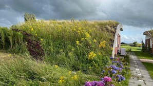Ein Weg, der zu einem traditionellen Steingewölbe führt, umgeben von üppiger Vegetation und Wildblumen.