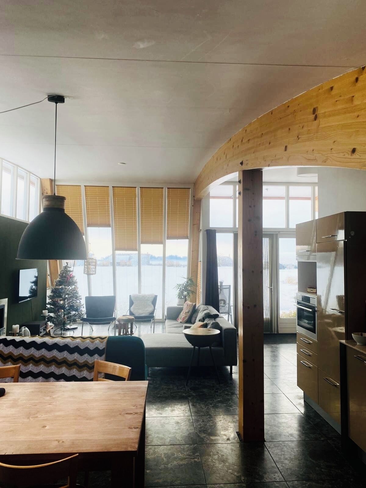 Smart TV, fireplace, books, music library