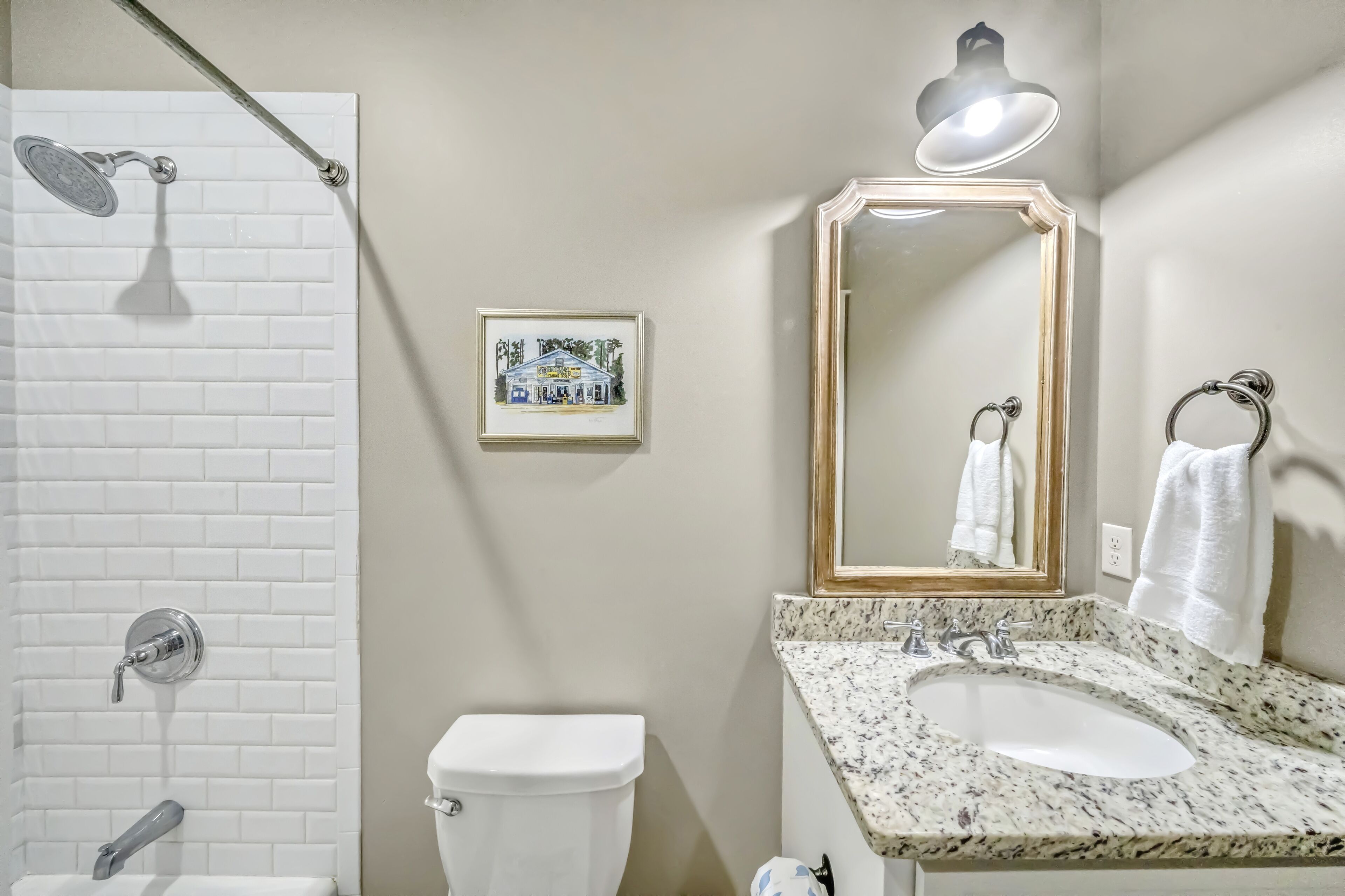 A bathroom with a white toilet, a shower with a handheld showerhead, a sink with a granite countertop, a framed picture on the wall, and a mirror with a gold frame.