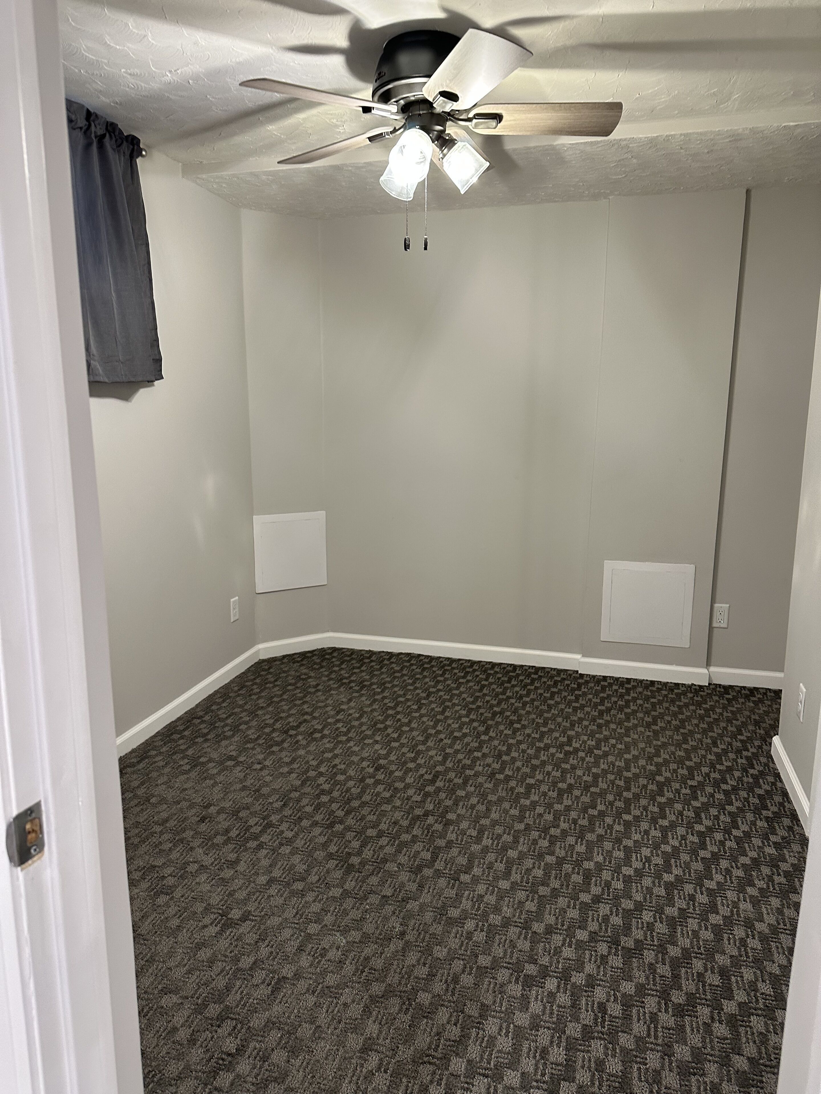 Une pièce dotée d’un ventilateur de plafond, d’un sol recouvert de moquette et de deux panneaux blancs fixés au mur.