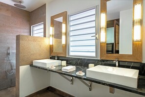 Regadera, toallas, jabón, shampoo 