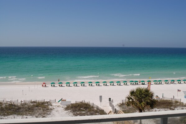 A beach with rows of green umbrellas and beach chairs, a sandy shore, and a clear view of the ocean. - STUNNING BEACHFRONT CONDO WITH GREAT BALCONY VIEW IN THE HEART OF DESTIN (Destin)