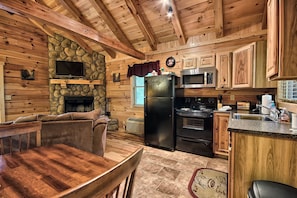 Interior rústico de una cabaña con chimenea de piedra, paredes de madera, una pared de acento de piedra, un televisor, un refrigerador, un microondas, un horno y un lavamanos.